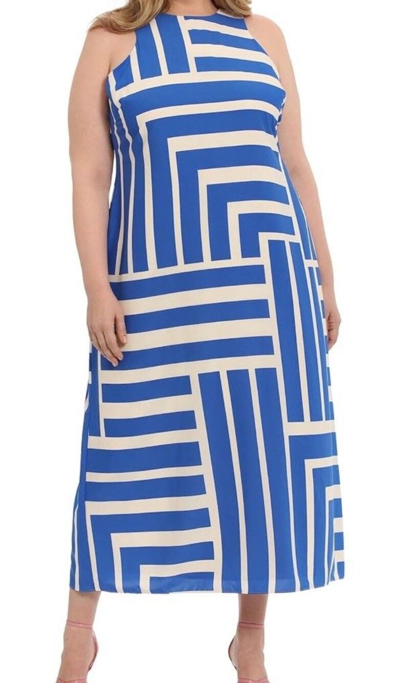 Donna Morgan Women's Size 16 Sleeveless Halter Cut Maxi Dress Blue Cream